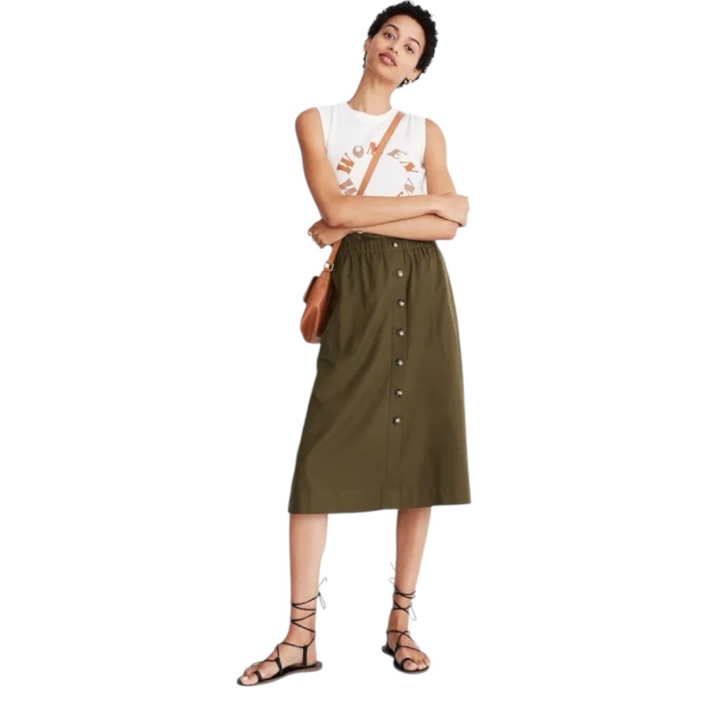 Madewell Paperbag Button-Front Midi Skirt Linen Blend Olive Green Size Large